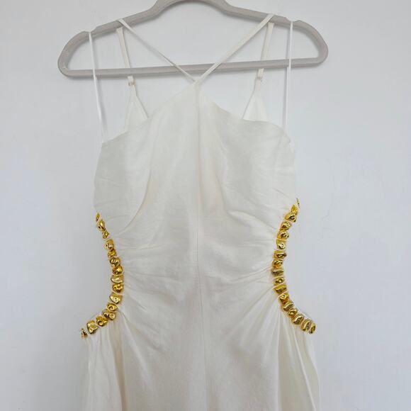 Cult Gaia Off White & Gold Maxi Halter Dress Embellished Side Cutouts Size 10 - Picture 10 of 14